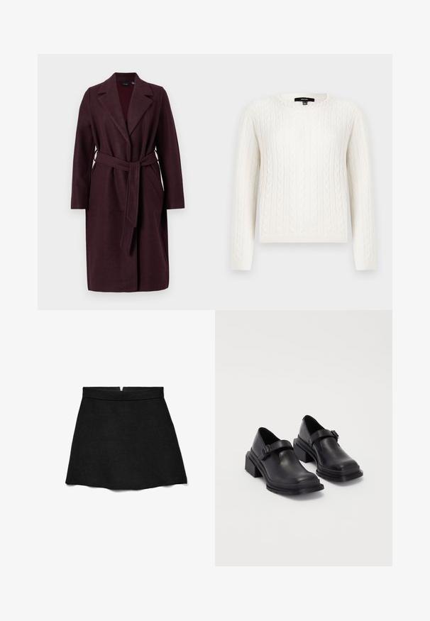 Burgundi villakangastakki, jossa on huivikaulus, pitkät hihat ja samaa kangasta oleva vyö. Sisältää sivutaskut ja yksittäisen napin kiinnityksen.; Valkoinen kabelineulepullovaihtoehto, jossa on pitkät hihat, pyöreä pääntie ja koristeellinen helmiyksityiskohta kauluksessa. Pehmeä tekstiili ja istuva muotoilu.; Musta, levenevä minihame, joka on valmistettu pehmeästä kankaasta. Siinä on sileä vyötärönauha ja huomaamaton vetoketju takana sulkemista varten.; Mustat nahkakengät, joissa on pyöreä varvas, litteä pohja ja soljellinen hihna. Paksu lohkopohja lisää vakautta.