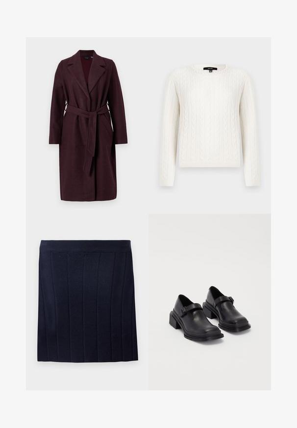 Manteau en laine bourgogne avec un col châle, des manches longues et une ceinture en tissu assorti. Il dispose de poches latérales et d'une fermeture à un bouton.; Pull en maille blanche avec des manches longues, un col rond et un accent décoratif en perles au niveau du col. Texture douce et design ajusté.; Object OBJTHESS - Minijupe - sky captain; Chaussures en cuir noir avec un bout arrondi, semelle plate et une sangle avec une boucle décorative. Talon épais pour plus de stabilité.