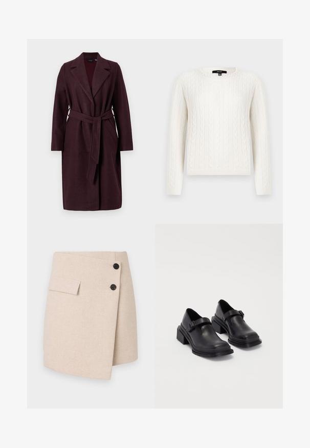 Burgundská vlnená bunda s šálovým golierom, dlhými rukávmi a zodpovedajúcim opaskom. Obsahuje bočné vrecká a uzatváranie na jeden gombík.; Biely sveter s pleteným vzorom, ktorý má dlhé rukávy, okrúhly výstrih a ozdobný perlový prvok na golieri. Mäkko sa nosí a je priliehavého strihu.; Krémová zavinovací sukňa z textúrovanej látky, s bočnou vreckom, dvoma čiernymi gombíkmi a mierne zakriveným lemom.; Čierne kožené topánky s okrúhlou špičkou, plochou podrážkou a remienkom s detailom pracky. Hrubý blokový opätok pre väčšiu stabilitu.