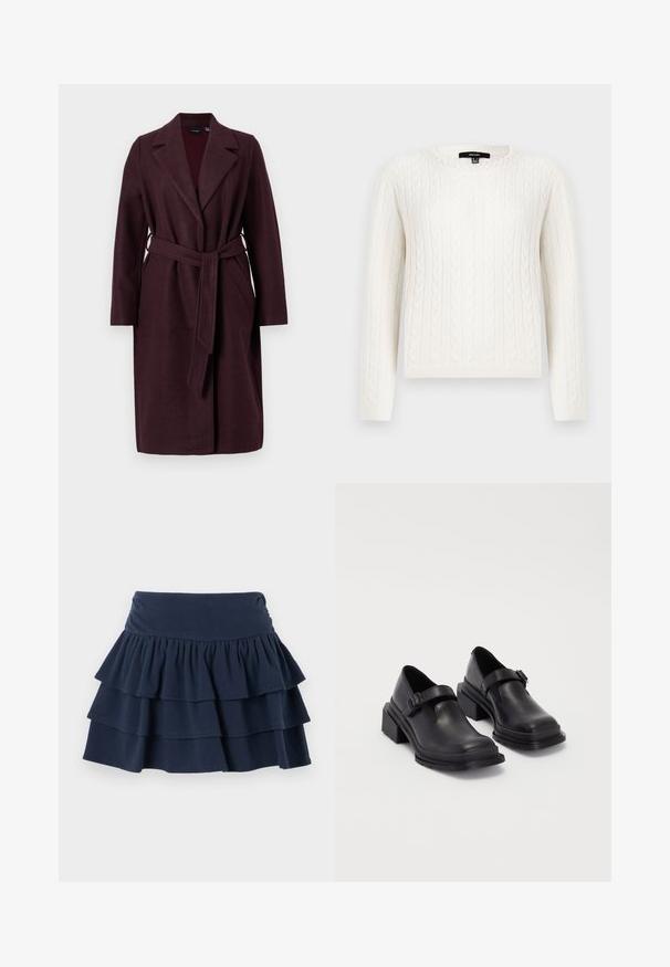 Bordeaux vlněný kabát s šálovým límcem, dlouhými rukávy a páskem ze stejného materiálu. Obsahuje boční kapsy a zapínání na jeden knoflík.; Bílý svetr s pleteninou, dlouhými rukávy, kulatým výstřihem a dekorativním perlovým akcentem na límci. Měkká textura a přiléhavý design.; Hollister Co. MAY RUFFLE - Šortky - dark blue; Černé kožené boty s kulatou špičkou, plochou podrážkou a páskem s detaily s přezkou. Masivní blokový podpatek pro zvýšenou stabilitu.