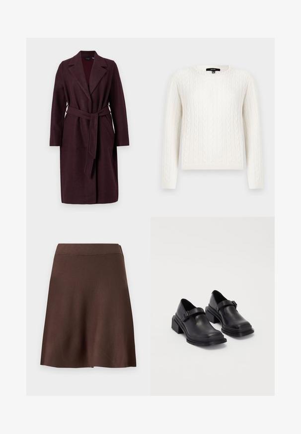 Burgundijas krāsas vilnas mētelis ar šaulu apkakli, garām piedurknēm un atbilstošu auduma jostu. Iespējas ar sānu kabatām un vienas pogas aizdari.; Balts adīts džemperis ar garām piedurknēm, apaļu kaklu un dekoratīvu pērļu akcentu pie apkakles. Mīksta tekstūra un pieguloša fasona.; Brūna A-silua svārku ar elastīgu jostu, gluda adījuma tekstūra un neliela izplešanās apakšmalā uz vienkārša gaiša fona.; Melnas ādas kurpes ar noapaļotu purngalu, plakanu zoli un siksniņu ar sprādzi. Masīvs bloku papēdis papildu stabilitātei.