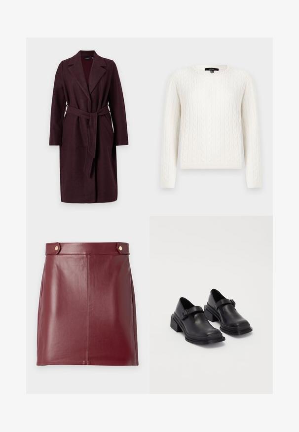 Burgunderfarvet uldfrakke med sjalkrave, lange ærmer og bælte i matchende stof. Har sidelommer og lukning med en enkelt knap.; Hvid kabelstrikket sweater med lange ærmer, rund halsudskæring og en dekorativ perleaccent ved kraven. Blød tekstur og tætsiddende design.; Burgundy læder mini nederdel med en glat tekstur, der har et tætsiddende design, sidepaneler og to guldtonede knapper i taljen.; Sorte lædersko med rund tå, flad sål og en rem med spænde detaljer. Chunky blokhæl for øget stabilitet.