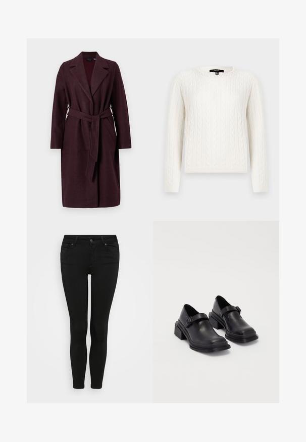 Burgundia villane jope, millel on kaelarätt, pikad varrukad ja sobivast kangast vöö. Omab küljetaskuid ja ühte nupuvajutust.; Valge kettaraami sall, millel on pikad varrukad, ümmargune kaelus ja dekoratiivne pärl kaeluse ääres. Pehme tekstuur ja keha lähedane disain.; Mustad mustad teksad, millel on vormitud disain, ripplukk ja nööbiga kinnitamine, viis taskut ning sile ja veniv tekstuur.; Mustad mustad jalanõud ümmarguse varbaga, tasase tallaga ja kinnitusega rihmaga, millel on pandla detail. Suure plokknina, mis tagab lisastabiilsuse.