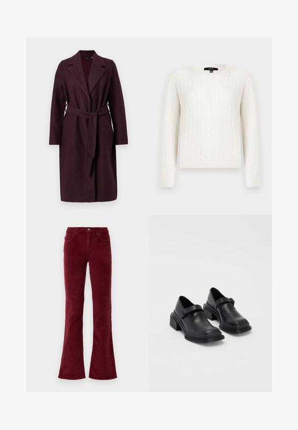 Burgundy wool coat with a shawl collar, long sleeves, and a matching fabric belt. Features side pockets and a single-button closure.; White cable-knit sweater featuring long sleeves, a round neckline, and a decorative pearl accent at the collar. Soft texture and fitted design.; Burgundy corduroy flared pants with front pockets, belt loops, and a button closure on a plain white background.; Black leather shoes with a rounded toe, flat sole, and a strap with a buckle detail. Chunky block heel for added stability.