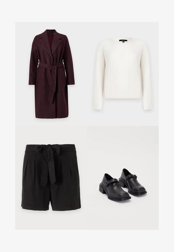 Burgundy wool coat with a shawl collar, long sleeves, and a matching fabric belt. Features side pockets and a single-button closure.; White cable-knit sweater featuring long sleeves, a round neckline, and a decorative pearl accent at the collar. Soft texture and fitted design.; Black cotton shorts with a tie belt at the waist, pleats at the front, and side pockets. Smooth texture and casual design.; Black leather shoes with a rounded toe, flat sole, and a strap with a buckle detail. Chunky block heel for added stability.