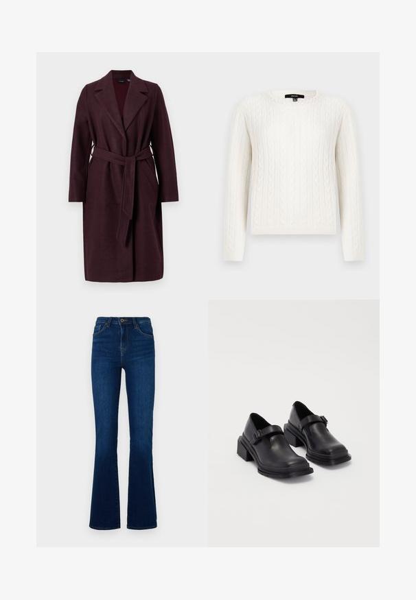 Casaco de lã burgundy com gola xale, mangas longas e um cinto de tecido correspondente. Apresenta bolsos laterais e um fecho de botão único.; Suéter branco em malha com trançado, apresentando mangas longas, decote redondo e um detalhe decorativo de pérola na gola. Textura suave e design ajustado.; Jeans de flare azul escuro feitos de denim com uma cintura alta, apresentando bolsos frontais, fecho com zip e detalhes de costura subtis.; Sapatos de couro pretos com um bico redondo, sola plana e uma fita com detalhe de fivela. Salto bloco robusto para maior estabilidade.