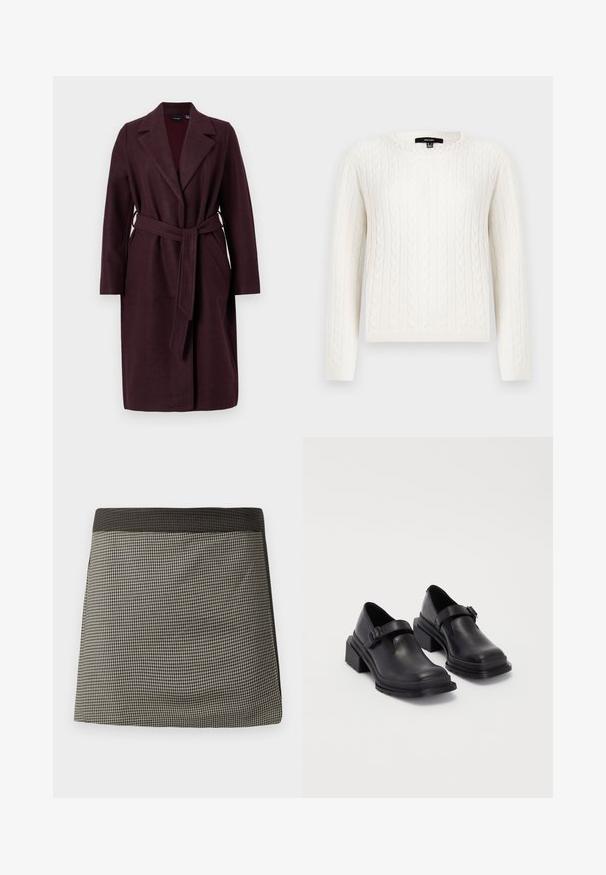 Burgundy wool coat with a shawl collar, long sleeves, and a matching fabric belt. Features side pockets and a single-button closure.; White cable-knit sweater featuring long sleeves, a round neckline, and a decorative pearl accent at the collar. Soft texture and fitted design.; Black and cream checkered skirt with a solid black waistband. Features a straight cut, smooth texture, and uniform pattern throughout.; Black leather shoes with a rounded toe, flat sole, and a strap with a buckle detail. Chunky block heel for added stability.