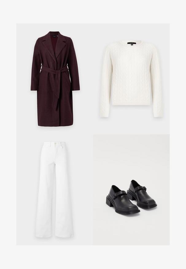 Burgundi villakangastakki, jossa on huivikaulus, pitkät hihat ja samaa kangasta oleva vyö. Sisältää sivutaskut ja yksittäisen napin kiinnityksen.; Valkoinen kabelineulepullovaihtoehto, jossa on pitkät hihat, pyöreä pääntie ja koristeellinen helmiyksityiskohta kauluksessa. Pehmeä tekstiili ja istuva muotoilu.; Valkoiset leveälahkeiset farkut korkealla vyötäröllä, joissa on etutaskut, vyölenkit ja nappikiinnitys. Sileä pinta, ei kuvioita.; Mustat nahkakengät, joissa on pyöreä varvas, litteä pohja ja soljellinen hihna. Paksu lohkopohja lisää vakautta.