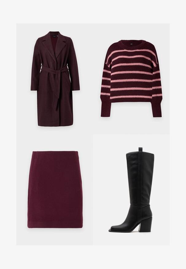 Bordeaux vlněný kabát s šálovým límcem, dlouhými rukávy a páskem ze stejného materiálu. Obsahuje boční kapsy a zapínání na jeden knoflík.; Bordový svetr s horizontálními růžovými pruhy. Pletená textura, kulatý výstřih a žebrované manžety. Spadlé ramena. Volný design.; Vero Moda VMFORTUNALLISON SHORT - Áčková sukně - winetasting; Černé kožené vysoké boty po kolena se čtveratou špičkou, zúženým podpatkem a vertikálním švem podél vnějšího kůlu. Hladký povrch.