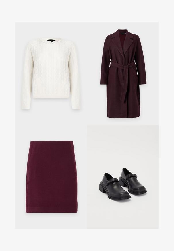 Burgundy gyapjú kabát sálgallérral, hosszú ujjal és azonos anyagú övvel. Oldalsó zsebekkel és egy gombos záródással rendelkezik.; Fehér, kötött pulóver, hosszú ujjal, kerek dekoltázzsal és dekoratív gyöngyös díszítéssel a galléron. Puha tapintású és testhezálló fazon.; Vero Moda VMFORTUNALLISON SHORT - A-vonalú szoknya - winetasting; Fekete bőr cipők lekerekített orral, lapos talppal és csattal díszített pánttal. Masszív blokk talp a megnövelt stabilitásért.