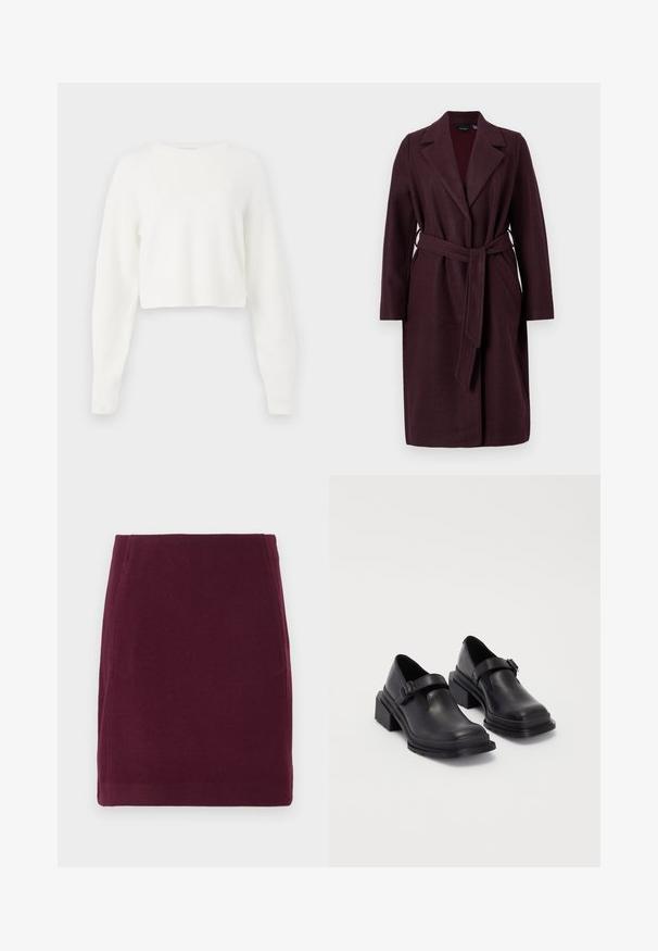 Palton din lână burgund cu guler de tip șal, mâneci lungi și o curea din același material. Include buzunare laterale și un sistem de închidere cu un singur nasture.; Pulover alb scurt cu mâneci lungi, textură ribbed și guler rotund. Fabricat dintr-un material moale și ușor.; Vero Moda VMFORTUNALLISON SHORT - Fustă în formă de A - winetasting; Pantofi din piele neagră cu vârf rotunjit, talpă plată și o curea cu detaliu de cataramă. Toc gros pentru o stabilitate suplimentară.