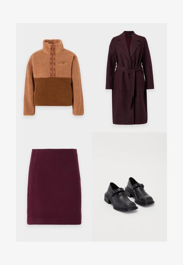 Bordowy wełniany płaszcz z kołnierzem szalowym, długimi rękawami i pasującym paskiem z materiału. Posiada boczne kieszenie i zapięcie na jeden guzik.; Brązowa bluza polarowa z wysokim kołnierzem, wyposażona w zamek błyskawiczny i wielokolorowy wzorzysty obszycie. Haftowane logo na piersi.; Vero Moda VMFORTUNALLISON bordowy; Czarna skórzana obuwie z zaokrąglonym czubkiem, płaską podeszwą i paskiem z klamrą. Grubszy blokowy obcas dla dodatkowej stabilności.