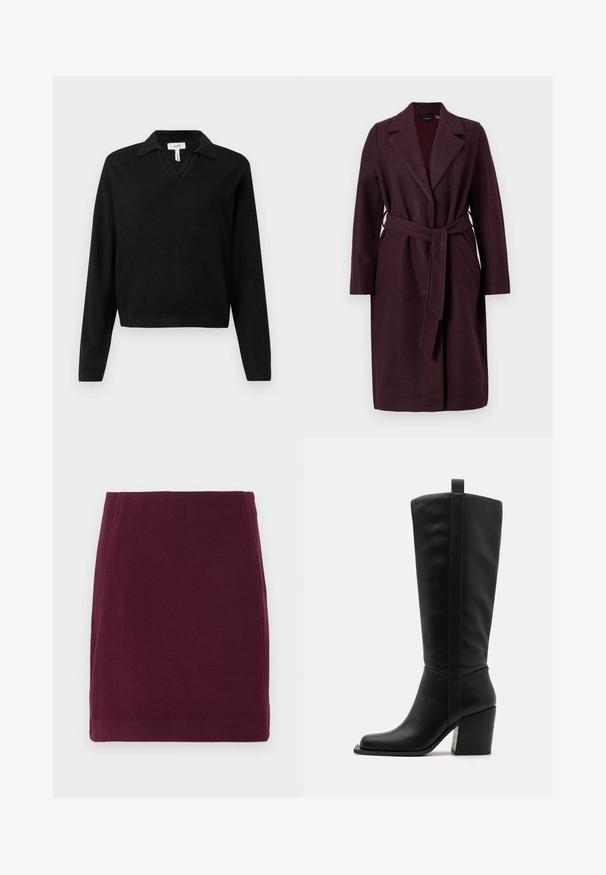 Burgundijas krāsas vilnas mētelis ar šaulu apkakli, garām piedurknēm un atbilstošu auduma jostu. Iespējas ar sānu kabatām un vienas pogas aizdari.; Melns puloveris ar V-veida kaklu un apkakli, garām piedurknēm, ribotām aprocēm un īsu hemu. Izgatavots no adīta auduma, ar gludu tekstūru.; Vero Moda VMFORTUNALLISON SHORT - A-silueta svārki - winetasting; Melna ādas zābaku līdz ceļgaliem ar kvadrātveida purngaliem, sašaurinātu papēdi un vertikālām šuvēm gar ārējo šuvi. Gluda tekstūra.