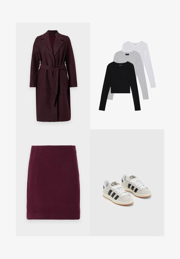 Bordeaux wollen jas met een sjaalkraag, lange mouwen en een bijpassende stoffen riem. Voorzien van zijzakken en een enkele knoopsluiting.; Drie langmouwige tops gestapeld: zwart, grijs en wit. Elke top heeft een ronde halslijn en een cropped ontwerp van soepel, lichtgewicht materiaal.; Vero Moda VMFORTUNALLISON SHORT - A-lijn rok - winetasting; Grijze nubucklederen sneakers met witte veters, zwarte strepen en een witte rubberen zool. Bevat een rond logo op de tong en een gumzool.