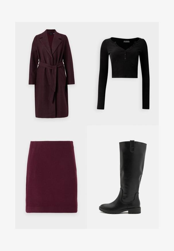 Burgundi villakangastakki, jossa on huivikaulus, pitkät hihat ja samaa kangasta oleva vyö. Sisältää sivutaskut ja yksittäisen napin kiinnityksen.; Musta lyhythihainen, ribbitettua kangasta oleva toppi, jossa on V-pääntie ja kolme nappia edessä.; Vero Moda VMFORTUNALLISON SHORT - A-linjainen hame - winetasting; Mustat polven yli ulottuvat saappaat, jotka on valmistettu sileästä nahasta; niissä on leveä varsi, joustavat sivupaneelit ja karhennettu kumipohja pidon parantamiseksi.
