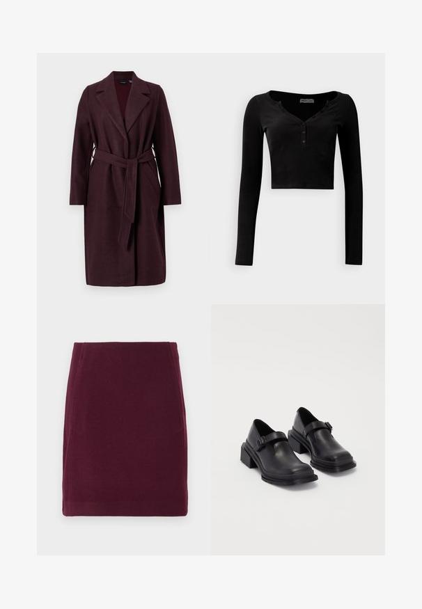 Manteau en laine bourgogne avec un col châle, des manches longues et une ceinture en tissu assorti. Il dispose de poches latérales et d'une fermeture à un bouton.; Haut noir à manches longues cropped en tissu côtelé, avec un décolleté en V et une patte de boutonnage à trois boutons à l'avant.; Vero Moda VMFORTUNALLISON SHORT - Jupe trapèze - winetasting; Chaussures en cuir noir avec un bout arrondi, semelle plate et une sangle avec une boucle décorative. Talon épais pour plus de stabilité.