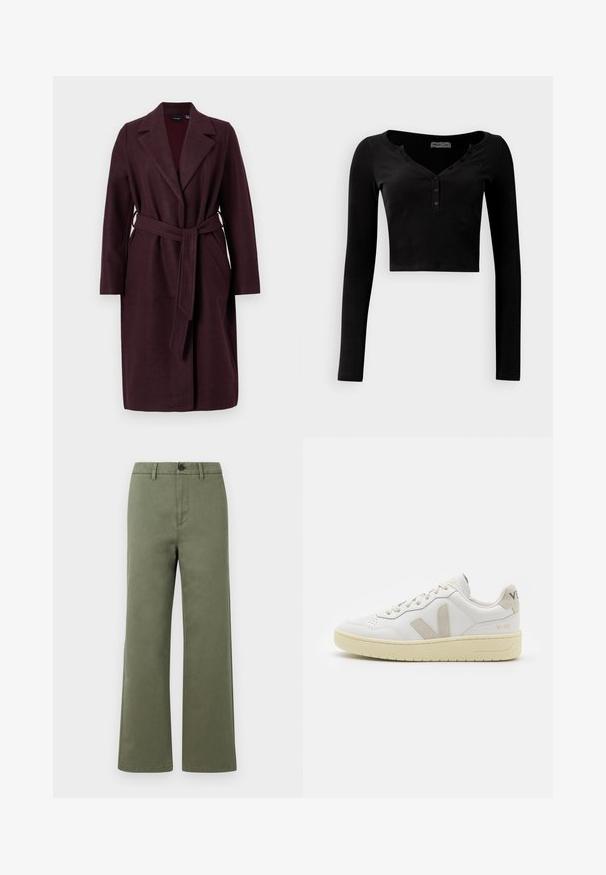 Manteau en laine bourgogne avec un col châle, des manches longues et une ceinture en tissu assorti. Il dispose de poches latérales et d'une fermeture à un bouton.; Haut noir à manches longues cropped en tissu côtelé, avec un décolleté en V et une patte de boutonnage à trois boutons à l'avant.; Pantalons droits vert olive avec passants de ceinture, fermeture à bouton et fermeture éclair à l'avant sur fond blanc uni.; Baskets blanches en cuir avec des accents en daim beige, boîte à orteils perforée, lacets plats et semelle texturée crème. Présente un logo discret au talon.