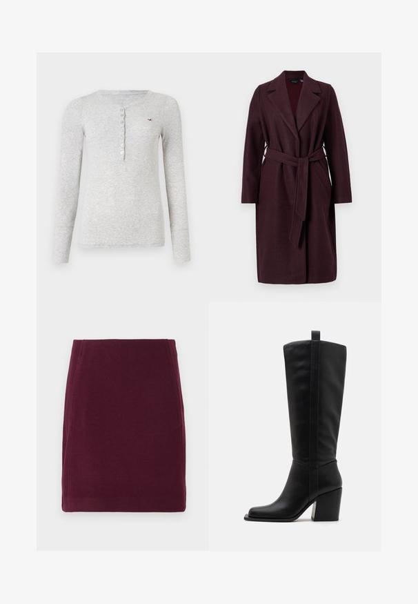 Burgundy wool coat with a shawl collar, long sleeves, and a matching fabric belt. Features side pockets and a single-button closure.; Gray long-sleeve top made from ribbed fabric, featuring a buttoned Henley neck and a small embroidered logo on the chest.; Vero Moda VMFORTUNALLISON SHORT - A-line skirt - winetasting; Black leather knee-high boots with a square toe, a tapered heel, and a vertical seam detail along the outer shaft. Smooth texture.