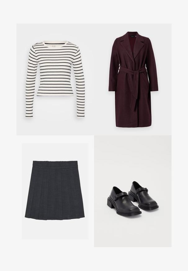 Burgunderfarbener Wollmantel mit Schalkragen, langen Ärmeln und passendem Stoffgurt. Verfügt über seitliche Taschen und einen Ein-Knopf-Verschluss.; Langärmliges Oberteil in Creme mit marineblauen horizontalen Streifen, Rundhalsausschnitt, taillierte Form und gerippter Textur. Das Etikett trägt die Aufschrift "GAP."; Dunkelgrauer, plissierter Rock mit elastischem Bund, aus einem strukturierten Stoff und in klassischer A-Linie. Geeignet für die Freizeit.; Schwarze Lederhalbschuhe mit runder Zehenpartie, flacher Sohle und einem Riemen mit Schnallen-Detail. Robuster Blockabsatz für zusätzliche Stabilität.