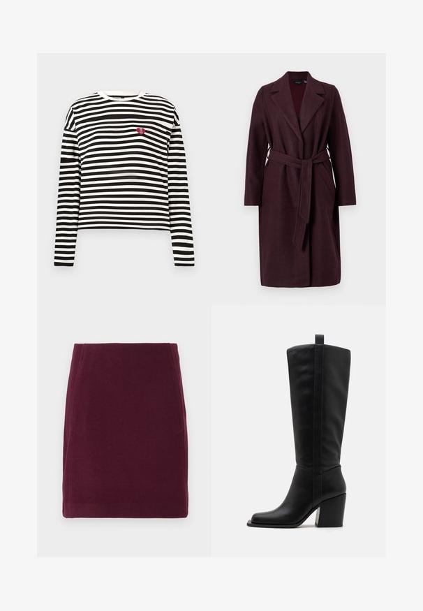 Burgunderfarbener Wollmantel mit Schalkragen, langen Ärmeln und passendem Stoffgurt. Verfügt über seitliche Taschen und einen Ein-Knopf-Verschluss.; Schwarz-weißer langärmeliger gestreifter Shirt mit einem kleinen roten Herz-Patch, auf dem "The VIP Club" steht, auf der linken Brust.; Vero Moda VMFORTUNALLISON SHORT - A-Linien-Rock - winetasting; Schwarze Leder-Kniehohe Stiefel mit quadratischer Zehenform, schmalem Absatz und vertikaler Naht entlang des äußeren Schafts. Glatte Textur.