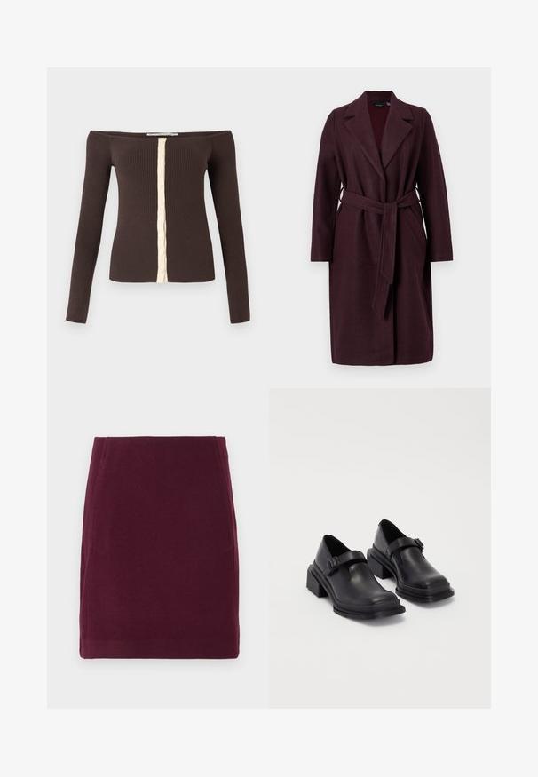 Burgundy wool coat with a shawl collar, long sleeves, and a matching fabric belt. Features side pockets and a single-button closure.; Off-shoulder ribbed long-sleeve top in dark brown with a cream button placket down the center front.; Vero Moda VMFORTUNALLISON SHORT - A-line skirt - winetasting; Black leather shoes with a rounded toe, flat sole, and a strap with a buckle detail. Chunky block heel for added stability.