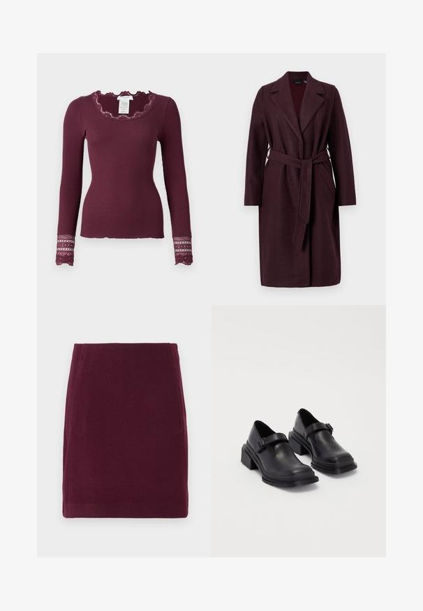 Burgunderfarbener Wollmantel mit Schalkragen, langen Ärmeln und passendem Stoffgurt. Verfügt über seitliche Taschen und einen Ein-Knopf-Verschluss.; Rosemunde Langarmshirt - winetasting; Vero Moda VMFORTUNALLISON SHORT - A-Linien-Rock - winetasting; Schwarze Lederhalbschuhe mit runder Zehenpartie, flacher Sohle und einem Riemen mit Schnallen-Detail. Robuster Blockabsatz für zusätzliche Stabilität.