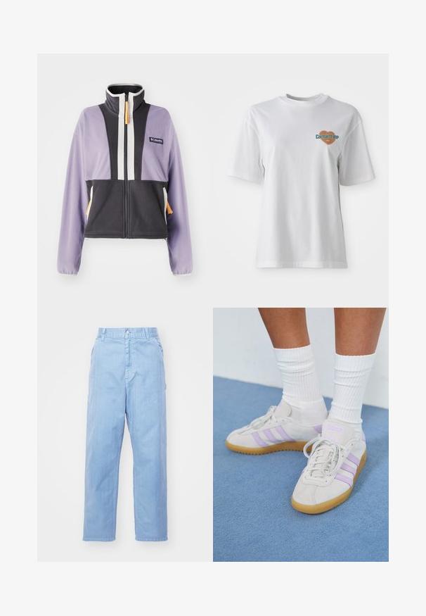 Paarse en zwarte fleece jas met hoge kraag, volledige ritssluiting en kleurblokontwerp. Voorzien van een oranje ritslip en zijzakken.; Carhartt WIP GROWTH - T-shirt print - white stone washed; Lichtblauwe denimbroek met een rechte pijpdesign, knoopsluiting en voorzakken. De stof heeft een subtiele textuur met een gladde afwerking.; Lichtgrijze nubuck sneakers met drie lila strepen, een rubberen zool, platte veters en witte geribbelde sokken. Tegen een blauwe achtergrond.