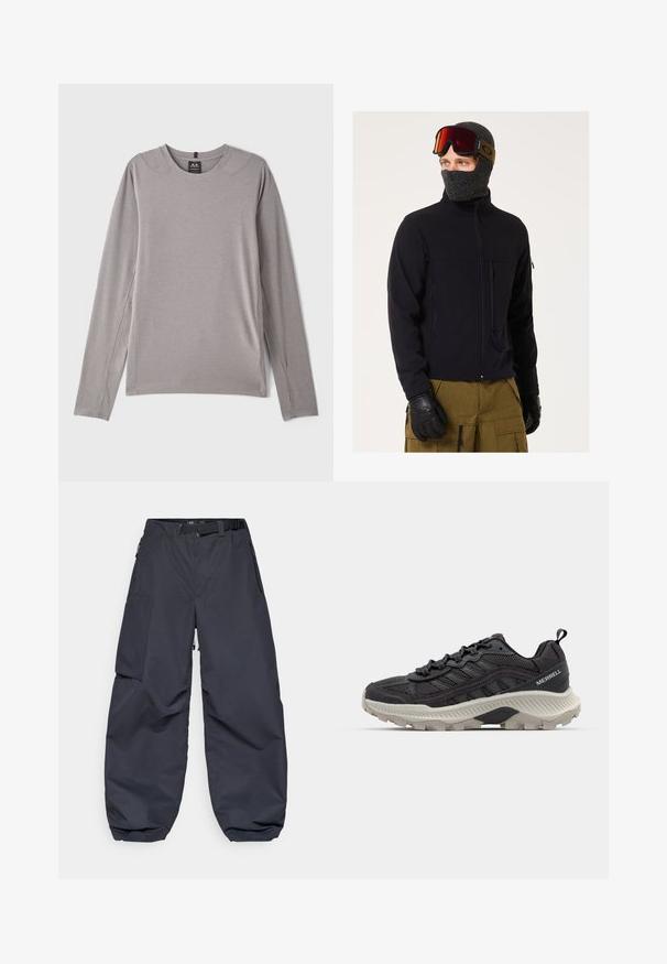 Giacca softshell nera con tasche con zip, abbinata a un passamontagna grigio in maglia e occhiali protettivi. Guanti texture completano il look da esterno.; Maglietta grigia a maniche lunghe con scollo rotondo, fessure laterali e tessuto morbido e elasticizzato. Design minimalista senza motivi o decorazioni.; Pantaloni cargo grigi scuri realizzati in un materiale morbido e resistente. Presentano una vestibilità ampia e comoda, numerose tasche e una cintura in vita per la regolazione.; Scarpa da ginnastica nera con tomaia in mesh, imbottitura prominente, suola testurizzata e accenti riflettenti. Presenta una linguetta e un design con lacci.