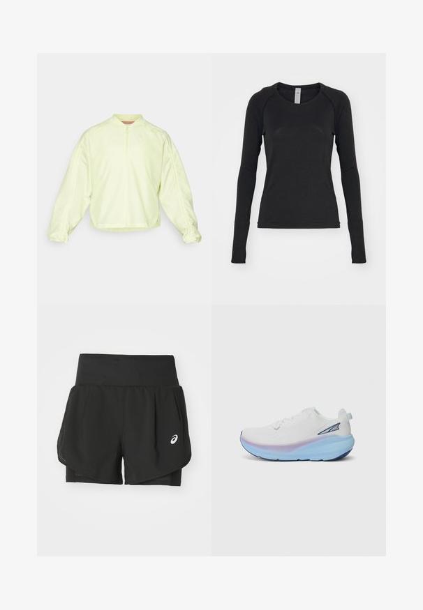 Jasnożółta kurtka zapinana na zamek z wysokim kołnierzem, oversize'owymi rękawami i elastycznymi mankietami. Posiada subtelne logo na klatce piersiowej i gładką fakturę.; Czarna koszula z długim rękawem, wykonana z miękkiego materiału. Posiada okrągły dekolt oraz rękawy raglanowe z otworami na kciuki przy mankietach. Minimalistyczny design.; Czarne szorty sportowe z przewiewną siateczkową nakładką, wewnętrznymi szortami o gładkiej fakturze i białym logo po lewej stronie.; Białe buty biegowe z teksturowaną cholewką, z gradientową podeszwą w odcieniach niebieskiego i purpury oraz małym logo akcentującym z boku.
