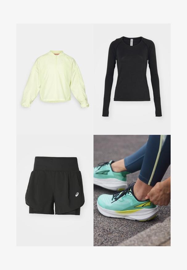 Giacca zip-up giallo chiaro con colletto alto, maniche over size e polsini elasticizzati. Presenta un logo discreto sul petto e una texture liscia.; Camicia a maniche lunghe nera, realizzata in tessuto morbido. Presenta un collo rotondo e maniche raglan con aperture per il pollice nei polsini. Design minimalista.; Shorts sportivi neri con sovrapposizione in rete traspirante, pantaloni interni con texture liscia e un logo bianco sul lato sinistro.; Altra EXPERIENCE FLOW - Scarpe da corsa su strada - mint