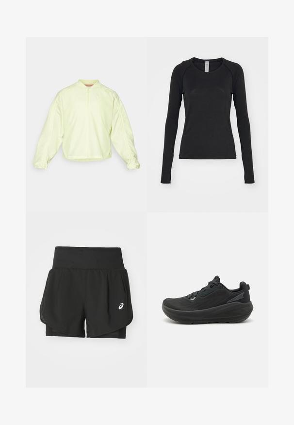 Chaqueta amarilla claro con cremallera y cuello alto, mangas de corte amplio y puños elásticos. Presenta un logo sutil en el pecho y una textura suave.; Camisa de manga larga en negro, hecha de una tela suave. Cuenta con un cuello redondo y mangas raglán con agujeros para los pulgares en los puños. Diseño minimalista.; Pantalones cortos deportivos negros que cuentan con una superposición de malla transpirable, pantalones internos con una textura suave y un logo blanco en el lado izquierdo.; Zapato atlético negro con un diseño aerodinámico, parte superior texturizada con acentos de malla y suela acolchada para soporte.