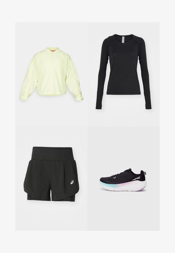 Giacca zip-up giallo chiaro con colletto alto, maniche over size e polsini elasticizzati. Presenta un logo discreto sul petto e una texture liscia.; Camicia a maniche lunghe nera, realizzata in tessuto morbido. Presenta un collo rotondo e maniche raglan con aperture per il pollice nei polsini. Design minimalista.; Shorts sportivi neri con sovrapposizione in rete traspirante, pantaloni interni con texture liscia e un logo bianco sul lato sinistro.; Scarpa da corsa nera con una tomaia in mesh leggero, suola a gradiente che passa dal blu chiaro al viola e dettagli riflettenti.