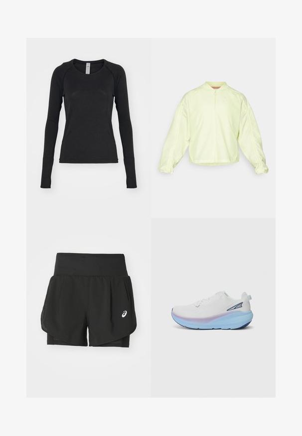 Lichtgele zip-up jas met een hoge kraag, oversized mouwen en elastische manchetten. Heeft subtiele merking op de borst en een zachte textuur.; Zwarte longsleeve shirt, gemaakt van zachte stof. Beschikt over een ronde hals en raglanmouwen met duimgaten bij de manchetten. Minimalistisch ontwerp.; Zwarte sportshorts met een ademende mesh-overlay, binnenshorts met een soepele textuur en een wit logo aan de linkerkant.; Witte hardloopschoen met een textuur in de bovenkant, met een verloopzool in blauwe en paarse tinten, en een klein accentlogo aan de zijkant.