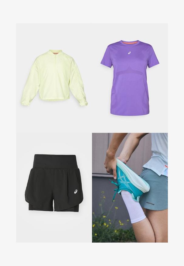 Hellgelbe Zip-Jacke mit hohem Kragen, oversized Ärmeln und elastischen Bündchen. Verfügt über dezentes Branding auf der Brust und eine glatte Textur.; Lila Sport-T-Shirt aus atmungsaktivem Material. Mit Rundhalsausschnitt, kurzen Ärmeln und dezentem, tonalem Muster auf der Vorderseite.; Schwarze Sportshorts mit einem atmungsaktiven Mesh-Overlay, inneren Shorts mit glattem Material und einem weißen Logo auf der linken Seite.; Türkise Sportschuh mit strukturierter Oberfläche, weißen Schnürsenkeln und Sohle. Person mit einem gestreckten Bein trägt eine weiße Socke und graue Sportshorts.