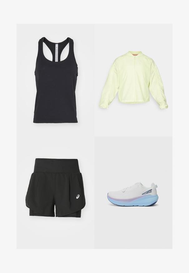 Lichtgele zip-up jas met een hoge kraag, oversized mouwen en elastische manchetten. Heeft subtiele merking op de borst en een zachte textuur.; lululemon SWIFTLY TECH RACERBACK TANK - Top - black black; Zwarte sportshorts met een ademende mesh-overlay, binnenshorts met een soepele textuur en een wit logo aan de linkerkant.; Witte hardloopschoen met een textuur in de bovenkant, met een verloopzool in blauwe en paarse tinten, en een klein accentlogo aan de zijkant.