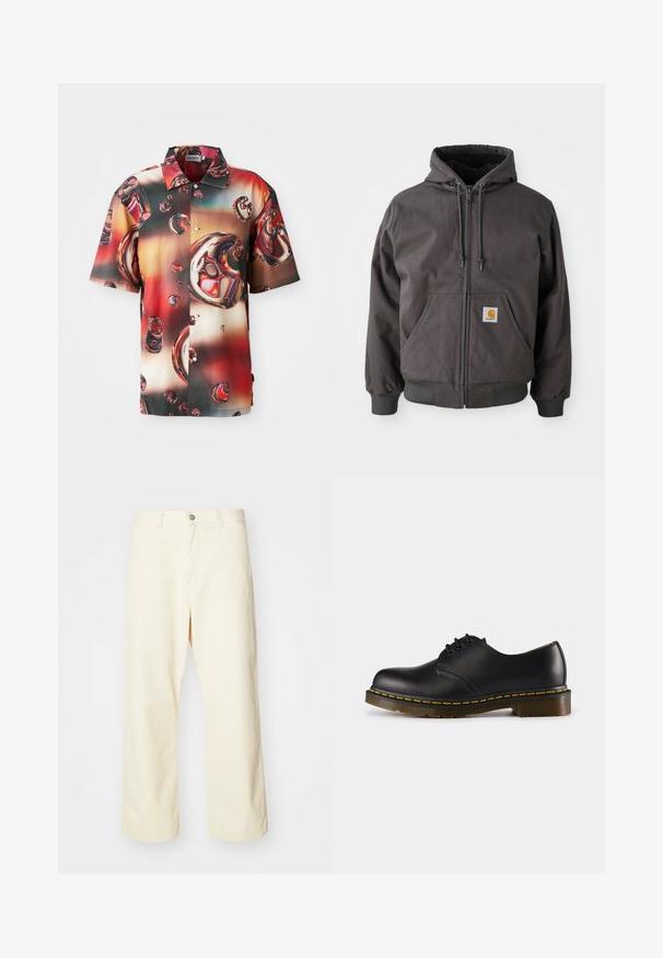 Szara bawełniana bluza z kapturem na zamek, z dużą przednią kieszenią, ściągaczami przy mankietach i dolnej krawędzi. Posiada sznurek w kapturze oraz naszywkę z logo marki.; Koszulka z krótkim rękawem z błyszczącego materiału, z wyraźnym abstrakcyjnym wzorem czerwonych i brązowych bąbelków na tle w gradientzie. Zapinana na guziki.; Kremowe spodnie w szerokim kroju, wykonane z bawełny, z zapięciem na guziki, szlufkami na pasek i obszytym dołem. Gładka tekstura, brak widocznych wzorów.; Czarna skórzana półbut z okrągłym noskiem, wiązany, z żółtym przeszyciem wzdłuż podeszwy i masywną, teksturowaną gumową podeszwą.