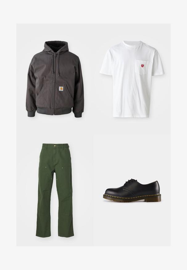 Hallhalli puuvillane hall kapuutsiga jope, millel on suur eesmine tasku, soonikuga mansetid ja äär. Varustatud kapuutsi peal nööridega ja brändi logo patch'iga.; Valge puuvillane T-särk ümmarguse kaelusega ja lühikeste varrukatega. Vasakul rindkere taskul on väike punane südamelogo.; Roheline puuvillane püksid sirge lõikega, ees ja taga on taskud, kuldse tooni detailid ja tugevdatud põlvekatted.; Musta nahkne saabas ümarate varvastega, nööridega kinnise disainiga, kollase õmblusega tallal ja paksu, tekstuurse kummist tallaga.