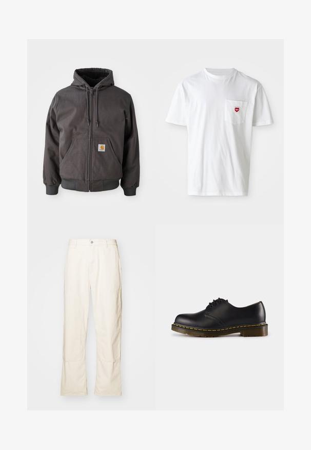 Grijze katoenen zip-up hoodie met een grote voorzak, ribgebreide manchetten en zoom. Voorzien van trekkoorden op de capuchon en een merklogo-opdruk.; Witte katoenen T-shirt met een ronde hals en korte mouwen. Bevat een klein rood hartlogo op de linkerkant van de borstzak.; Crème-kleurige wijde broek gemaakt van katoen, met zijzakken, een knoopsluiting en subtiele stikseldetails.; Zwarte leren schoen met een ronde neus, vetersluiting, gele stiksels langs de zool en een stevige, geprofileerde rubberen buitenzool.