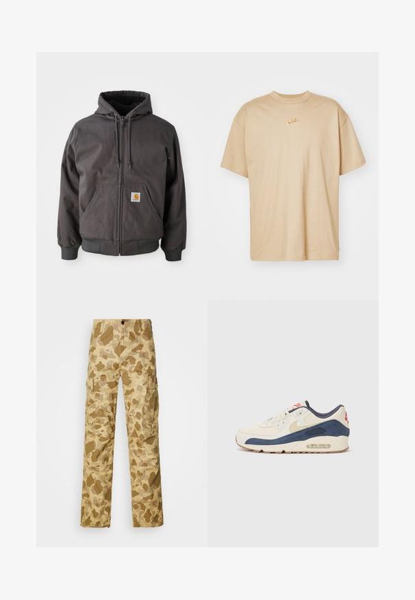 Grijze katoenen zip-up hoodie met een grote voorzak, ribgebreide manchetten en zoom. Voorzien van trekkoorden op de capuchon en een merklogo-opdruk.; Beige katoenen t-shirt met een ronde hals, korte mouwen en een klein geborduurd Nike-logo in oranje op de borst. Licht ontspannen pasvorm.; Beige cargobroek met een lichtbruine camouflagepatroon, met twee zijzakken en een recht gesneden ontwerp. Geweven stof met subtiele strepen.; Sneakers met een crème leren en marineblauwe suède bovenkant, voorzien van een zichtbare luchtzool, beige rubberen buitenzool en een rode accent op de hiel.