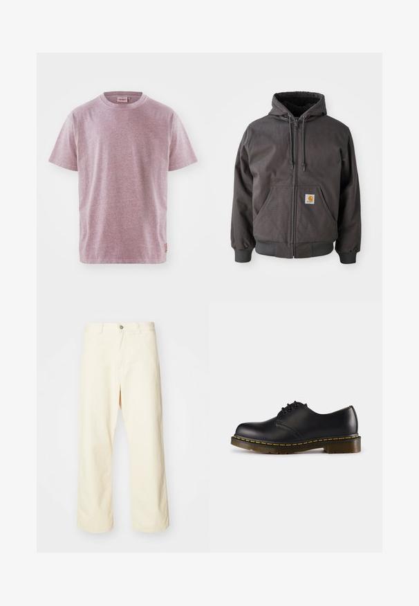 Szürke pamut zipzáras kapucnis pulóver, elülső nagyméretű zsebbel, bordázott mandzsettákkal és derékkal. A kapucnija állítható fűzővel és márkarezsővel rendelkezik.; Rövid ujjú póló heathered világos rózsaszín anyagból, kerek nyakkivágással, kis logóval a szegélyen. Puha tapintású.; Tejbevonatos, széles szárú, krémszínű pamut nadrág gombos záródással, övhurkokkal és varrott szegéllyel. Simaszövetű, minta nélkül.; Fekete bőr cipő lekerekített orral, fűzős kialakítással, sárga varrással a talp mentén és masszív, texturált gumi talppal.
