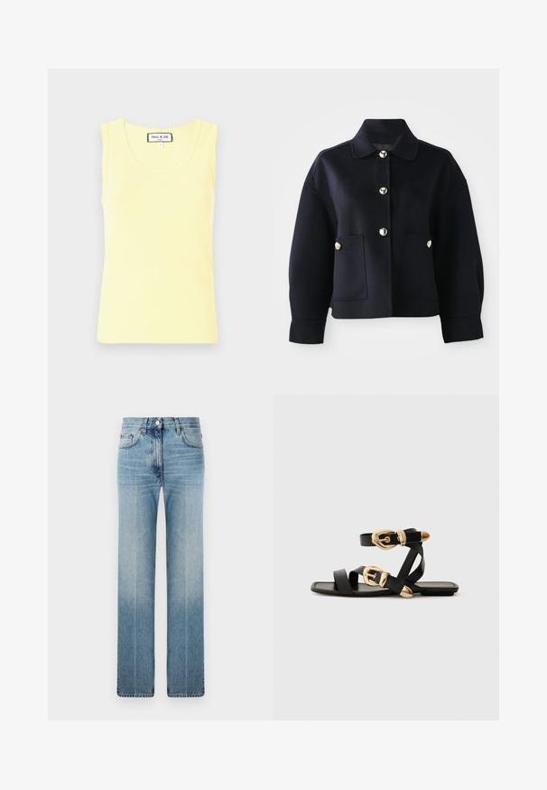 Marineblaue Wolljacke mit Kragen, Vorderknöpfen und zwei Seitentaschen. Verfügt über Knopfakzente in Goldoptik und eine lockere Passform.; Gelbes geripptes Tanktop mit Rundhalsausschnitt, gewellten Kanten und einem kleinen geprägten Logo in der Mitte. Aus weichem Stoff, kurze Ärmel.; Hellblaue gerade geschnittene Jeans aus Denim mit dezentem Verblassen, klassischem Fünf-Taschen-Design und einem Metallknopfverschluss an der Taille.; Schwarze Ledersandalen mit goldenen Schnallenakzenten, die mehrere Riemen und ein flaches Sohlendesign für das Tragen mit offenen Zehen bieten.
