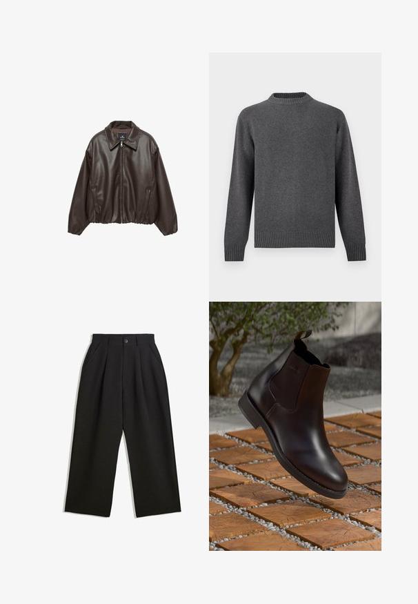 Ruskea tekonahkainen takki, jossa on vetoketjulli etuosa, leveä kaulus ja puffattuja hihoja. Varustettu ribbireunalla ja sileällä pinnalla.; Harmaa neulepusero, jossa on pyöreä kaula-aukko, pitkät hihat sekä resorit hihansuissa ja helmassa. Pehmeä pinta ja sileä viimeistely. Yksinkertainen, moderni muotoilu.; Musta housut rentoa istuvuutta, joissa on laskoksia edessä, sivutaskut ja nappisuljenta. Valmistettu teksturoidusta kankaasta.; Ruskean nahkakotkanvarsikengät, joissa on joustavat sivupaneelit, vedonauha ja sileä pinta, asetettuna teksturoidun tiili- ja sora-alustan päälle.