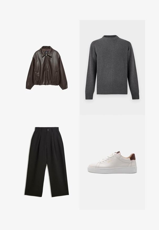 Bruine neplederen jas met een rits aan de voorkant, brede kraag en opgeblazen mouwen. Heeft een geribde zoom en een gladde textuur.; Grijze gebreide trui met een ronde hals, lange mouwen en ribgebreide manchetten en zoom. Zachte textuur met een gladde afwerking. Eenvoudig, modern ontwerp.; Zwarte broeken met een relaxte pasvorm, voorzien van plooien aan de voorzijde, zijzakken en een knoopsluiting. Gemaakt van textiel met structuur.; Witte leren sneaker met een gladde textuur, witte rubberen zool en een bruine leren hielstuk. Voorzien van ronde veters en een geperst logo detail.