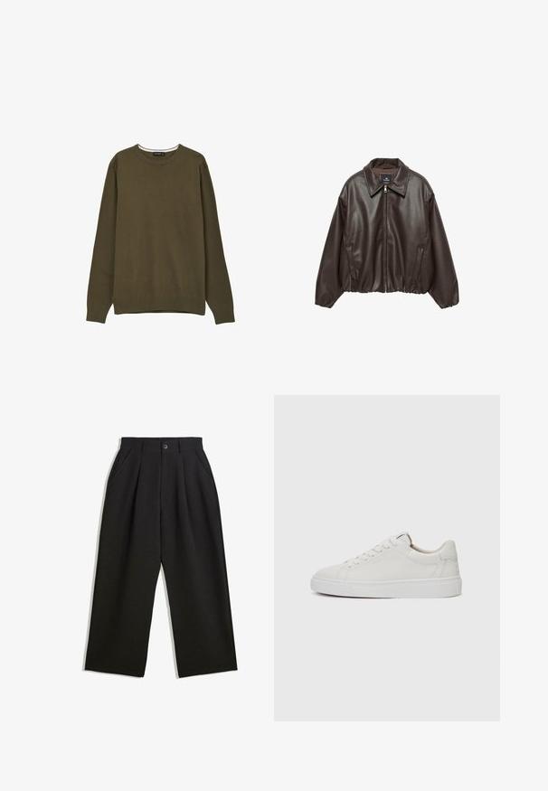 Giacca in similpelle marrone con zip frontale, colletto ampio e maniche a sbuffo. Presenta un orlo a costine e una texture liscia.; Pullover verde oliva con collo a giro, maniche lunghe e orlo a coste, realizzato in un morbido materiale lavorato a maglia. Nessun motivo o dettaglio prominente.; Pantaloni neri con una vestibilità comoda, caratterizzati da pieghe frontali, tasche laterali e chiusura con bottone. Realizzati in tessuto testurizzato.; Sneakers bianchi in pelle, modello low-top, con punta rotonda, suola piatta in gomma bianca e dettagli di cucitura minimalista. Lacci fissati attraverso sei occhielli.