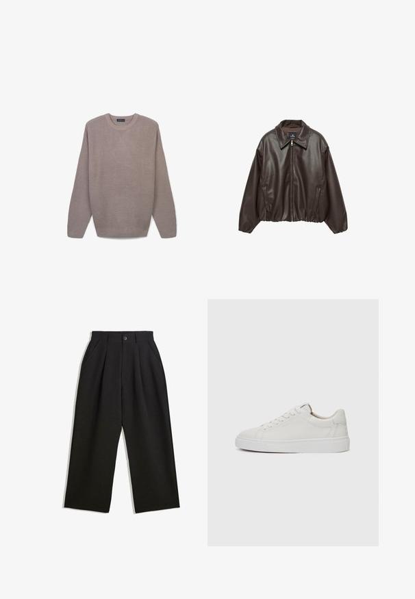 Braune Kunstlederjacke mit einem Reißverschluss vorne, breitem Kragen und gepufften Ärmeln. Sie hat einen gerippten Saum und eine glatte Textur.; Grau gestrickter Pullover mit strukturiertem Muster, Rundhalsausschnitt, langen Ärmeln und gerippten Säumen und Hemd. Leichter Stoff, lässige Passform.; Schwarze Hose mit lockerem Schnitt, mit Falten an der Vorderseite, Seitentaschen und einem Knopfverschluss. Hergestellt aus strukturiertem Stoff.; Weiße Leder-Sneaker im Low-Top-Stil mit runder Zehenform, flacher weißer Gummisohle und minimalistischen Steppnähten. Schnürsenkel sind durch sechs Ösen gesichert.