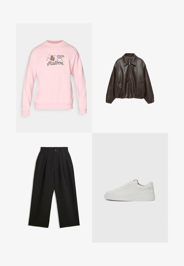 Giacca in similpelle marrone con zip frontale, colletto ampio e maniche a sbuffo. Presenta un orlo a costine e una texture liscia.; Felpa rosa con illustrazioni stampate di un cane e di un personaggio con un cappello, accompagnata dal testo "malbon" in corsivo.; Pantaloni neri con una vestibilità comoda, caratterizzati da pieghe frontali, tasche laterali e chiusura con bottone. Realizzati in tessuto testurizzato.; Sneakers bianchi in pelle, modello low-top, con punta rotonda, suola piatta in gomma bianca e dettagli di cucitura minimalista. Lacci fissati attraverso sei occhielli.