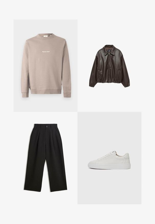 Giacca in similpelle marrone con zip frontale, colletto ampio e maniche a sbuffo. Presenta un orlo a costine e una texture liscia.; Felpa beige con maniche lunghe e scollo rotondo. Presenta "Original Studio" ricamato in bianco sul petto. Tessuto liscio, polsini a costine.; Pantaloni neri con una vestibilità comoda, caratterizzati da pieghe frontali, tasche laterali e chiusura con bottone. Realizzati in tessuto testurizzato.; Sneakers bianchi in pelle, modello low-top, con punta rotonda, suola piatta in gomma bianca e dettagli di cucitura minimalista. Lacci fissati attraverso sei occhielli.