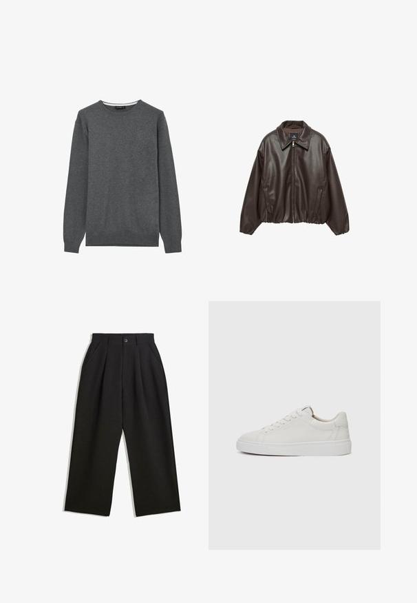 Giacca in similpelle marrone con zip frontale, colletto ampio e maniche a sbuffo. Presenta un orlo a costine e una texture liscia.; Maglione grigio scuro a maniche lunghe con colletto a giro, con polsini e orlo a costine, disposto piatto su uno sfondo bianco.; Pantaloni neri con una vestibilità comoda, caratterizzati da pieghe frontali, tasche laterali e chiusura con bottone. Realizzati in tessuto testurizzato.; Sneakers bianchi in pelle, modello low-top, con punta rotonda, suola piatta in gomma bianca e dettagli di cucitura minimalista. Lacci fissati attraverso sei occhielli.