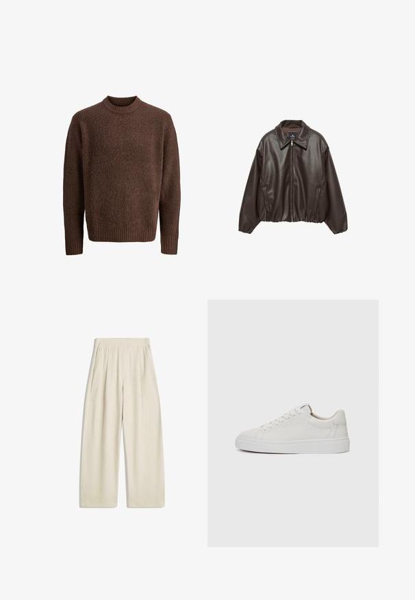 Brown faux leather jacket with a zip front, wide collar, and puffed sleeves. Features a ribbed hem and smooth texture.; Brown knit sweater with a textured pattern, ribbed crew neckline, and long sleeves. Made from soft, warm material.; Wide-leg trousers in a light beige color, featuring vertical ribbed texture, pleated details at the waistband, and side pockets.; White leather low-top sneakers with a round toe, flat white rubber sole, and minimalistic stitching detail. Laces secured through six eyelets.