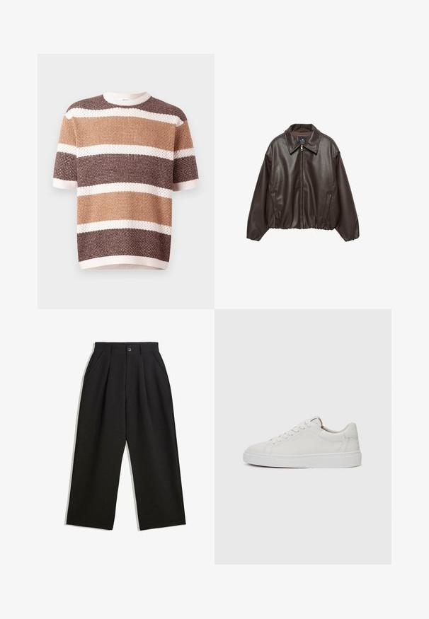 Brązowa kurtka z ekoskóry z zamkiem z przodu, szerokim kołnierzem i bufkami. Posiada prążkowany dół i gładką fakturę.; Sweter z krótkim rękawem, dziany, w poziome paski w odcieniach brązu i kremu. Posiada okrągły dekolt oraz teksturowany materiał.; Czarne spodnie o luźnym kroju, z zakładkami z przodu, kieszeniami po bokach i zapięciem na guzik. Wykonane z fakturowanej tkaniny.; Białe skórzane sneakersy niskie z okrągłym noskiem, płaską białą gumową podeszwą i minimalistycznymi detalami w szwie. Sznurówki zabezpieczone przez sześć oczek.